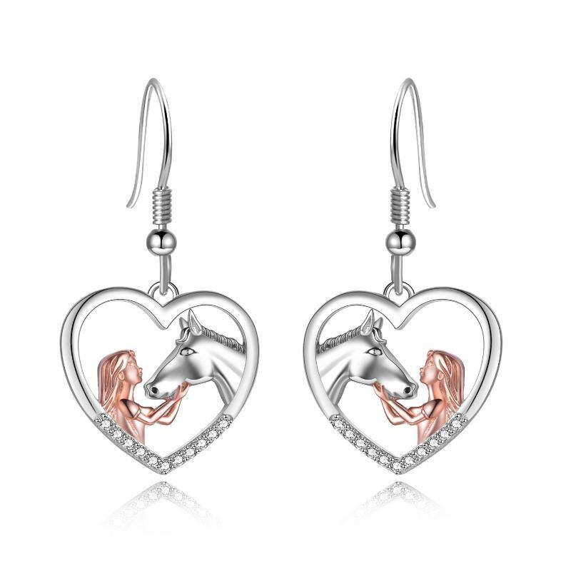 Sterling Silver Two-tone Cubic Zirconia Horse & Heart Drop Earrings-1