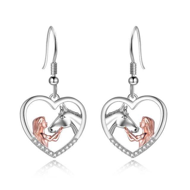 Sterling Silver Two-tone Cubic Zirconia Horse & Heart Drop Earrings-0