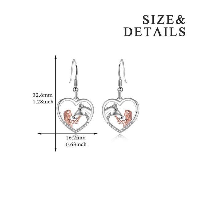 Sterling Silver Two-tone Cubic Zirconia Horse & Heart Drop Earrings-3
