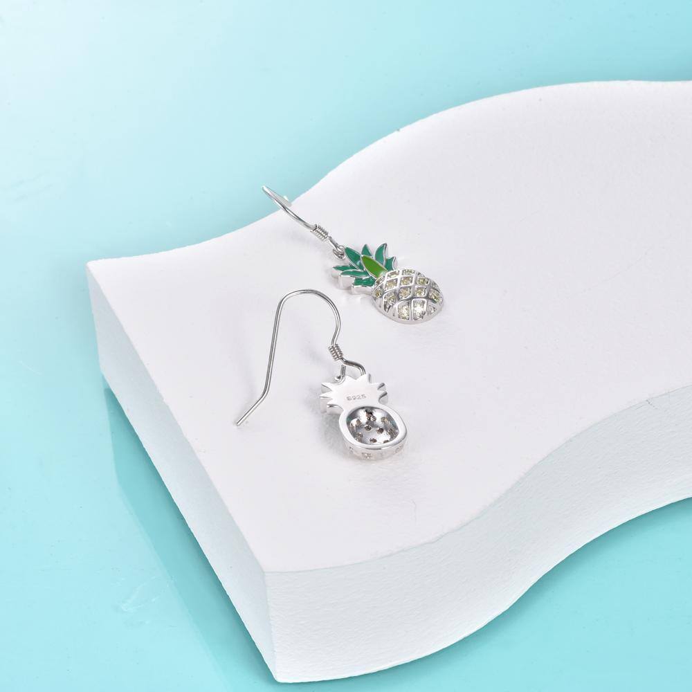 Sterling Silver Circular Shaped Cubic Zirconia Pineapple Drop Earrings-4