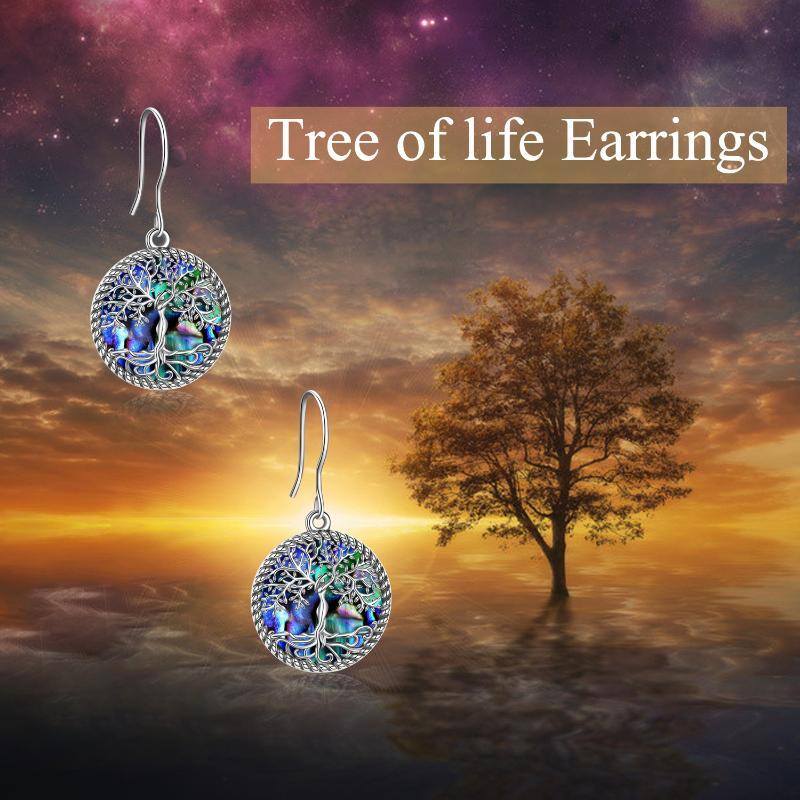 Sterling Silver Round Abalone Shellfish Tree Of Life Drop Earrings-4