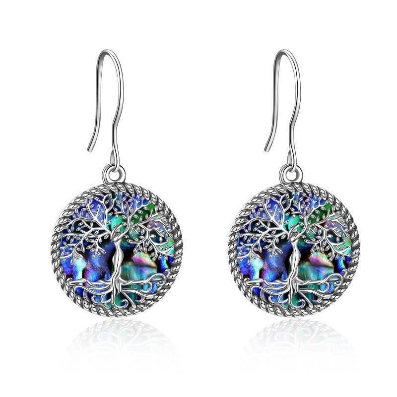 Sterling Silver Round Abalone Shellfish Tree Of Life Drop Earrings-1