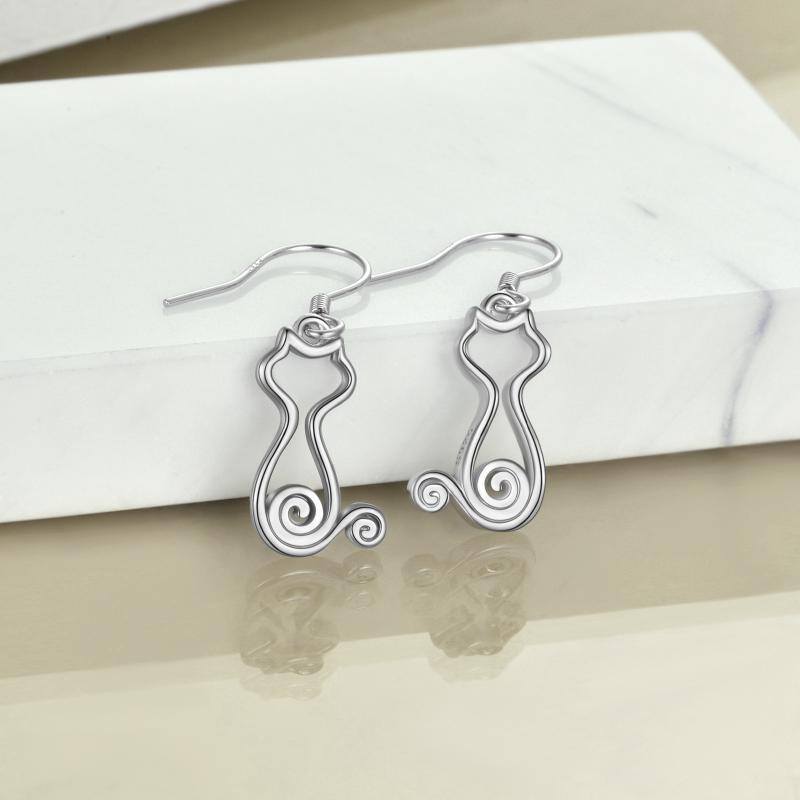 Sterling Silver Cat Drop Earrings-3