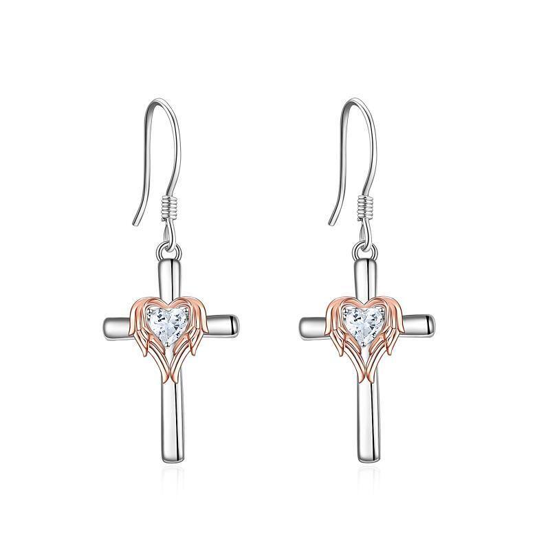 Sterling Silver Two-tone Heart Shaped Cubic Zirconia Angel Wing & Cross Drop Earrings-1