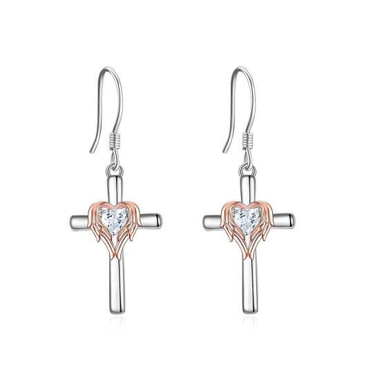 Sterling Silver Two-tone Heart Shaped Cubic Zirconia Angel Wing & Cross Drop Earrings