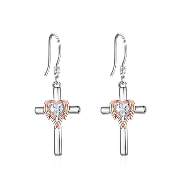 Sterling Silver Two-tone Heart Shaped Cubic Zirconia Angel Wing & Cross Drop Earrings-0