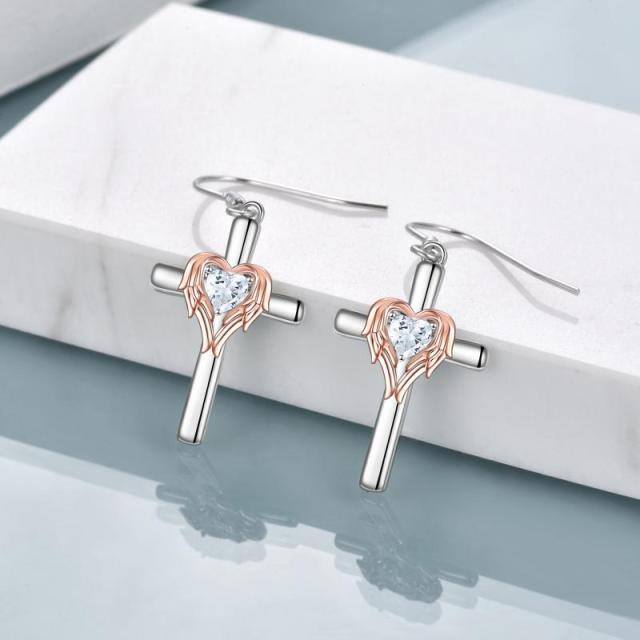 Sterling Silver Two-tone Heart Shaped Cubic Zirconia Angel Wing & Cross Drop Earrings-2