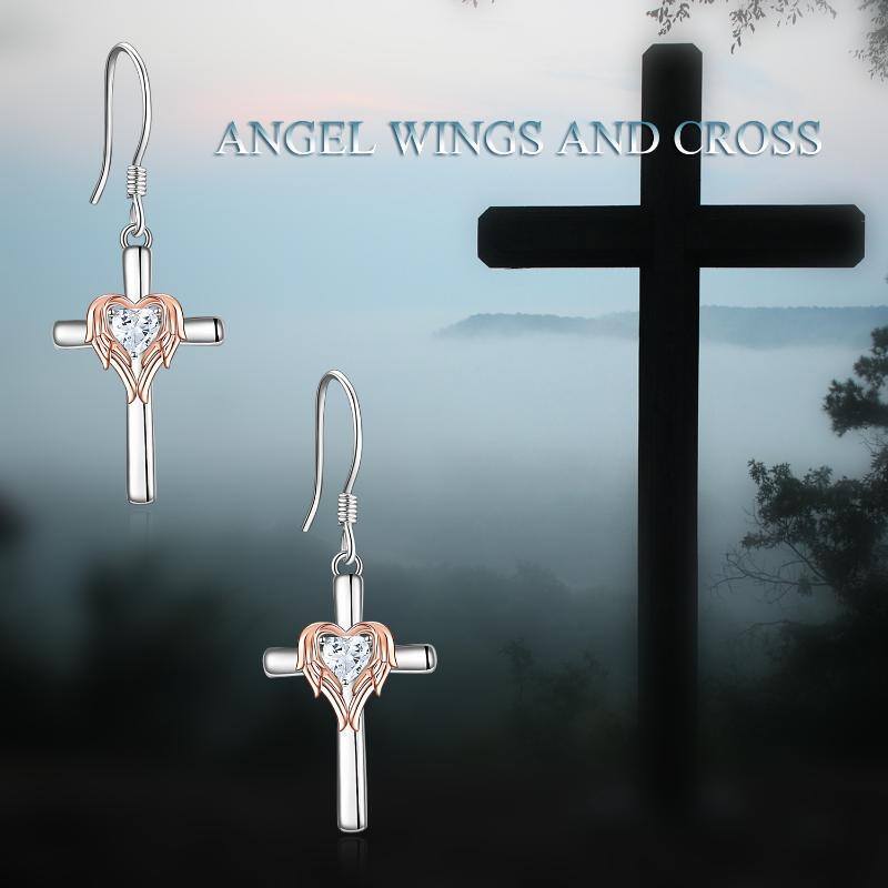 Sterling Silver Two-tone Heart Shaped Cubic Zirconia Angel Wing & Cross Drop Earrings-6