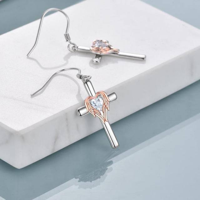Sterling Silver Two-tone Heart Shaped Cubic Zirconia Angel Wing & Cross Drop Earrings-3
