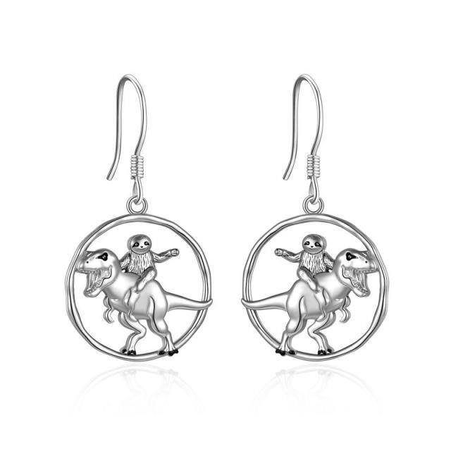 Sterling Silver Dinosaur & Sloth & Round Drop Earrings-4