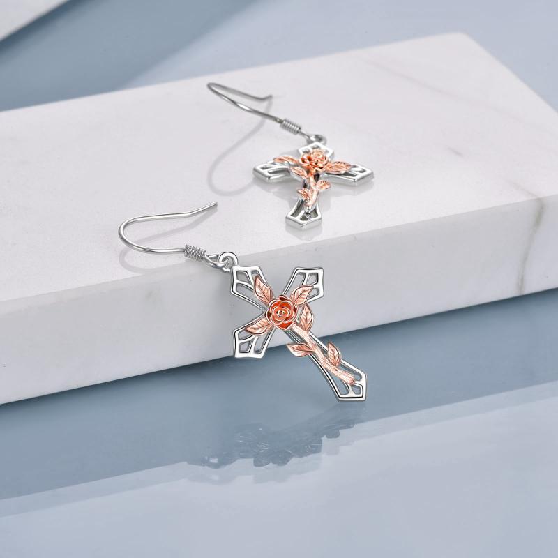 Sterling Silver Two-tone Rose & Cross Drop Earrings-3