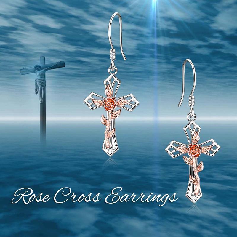 Sterling Silver Two-tone Rose & Cross Drop Earrings-6