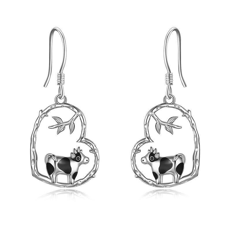 Pendants d'oreilles en argent sterling avec vache et cœur bicolores-1