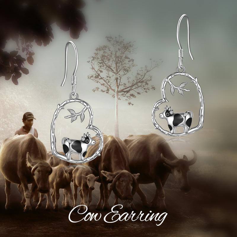 Sterling Silver Two-tone Cow & Heart Drop Earrings-6