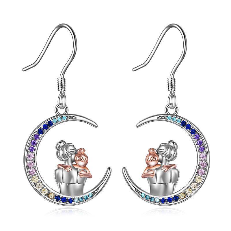 Sterling Silver Two-tone Cubic Zirconia Mother & Daughter & Moon Drop Earrings-1