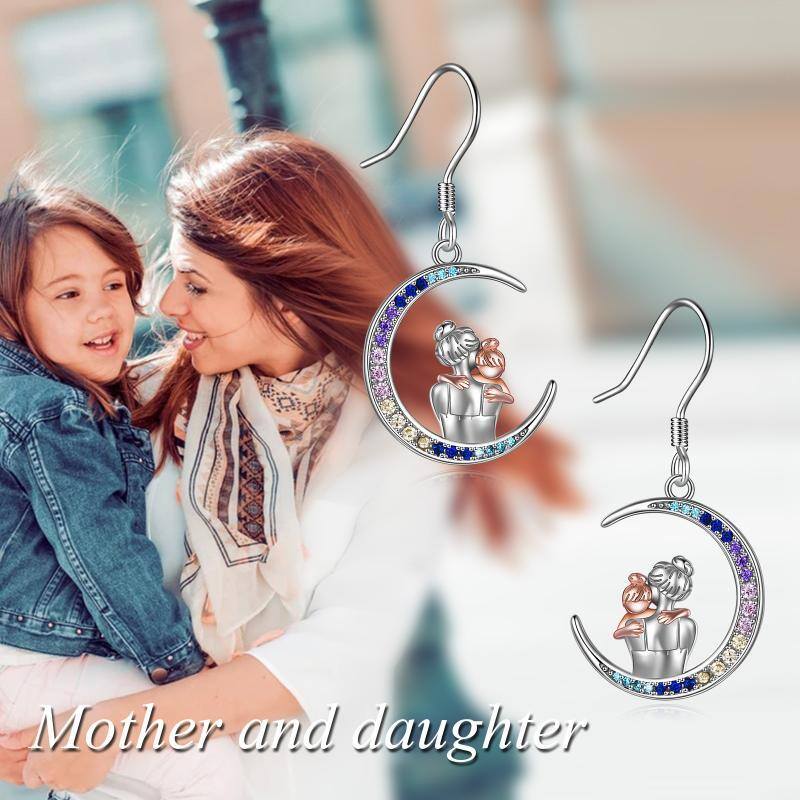 Sterling Silver Two-tone Cubic Zirconia Mother & Daughter & Moon Drop Earrings-3