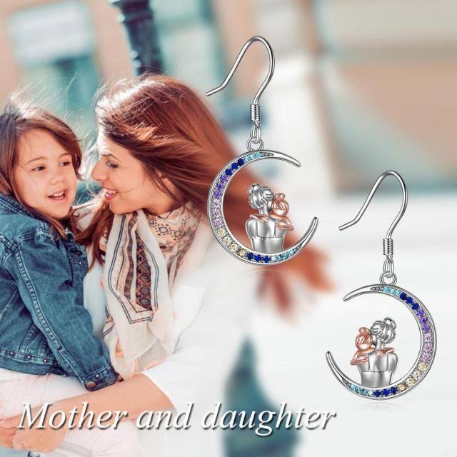 Orecchini pendenti con luna e madre figlia in argento sterling bicolore con zirconi cubici-3