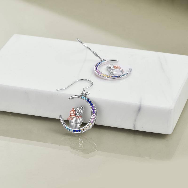 Sterling Silver Two-tone Cubic Zirconia Mother & Daughter & Moon Drop Earrings-4