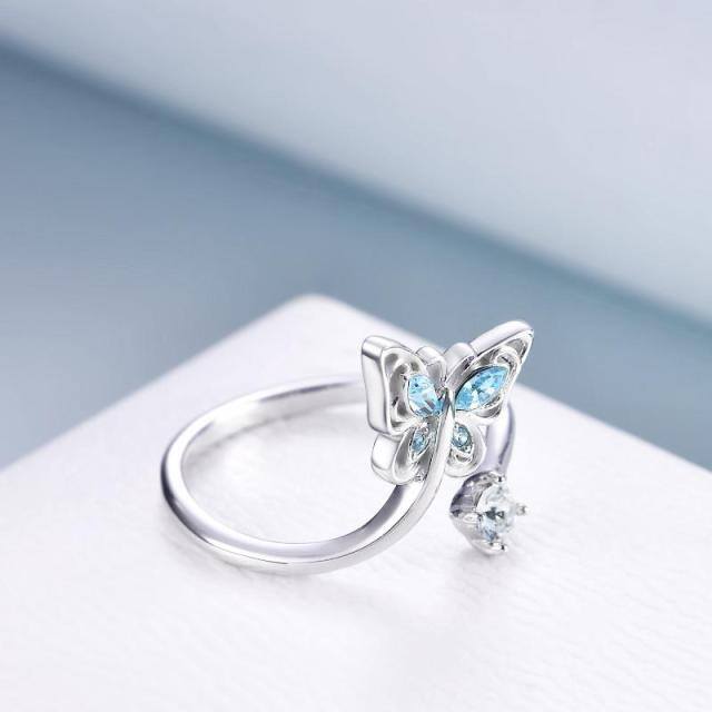 Sterling Silver Circular Shaped & Marquise Shaped Crystal Butterfly Open Ring-2