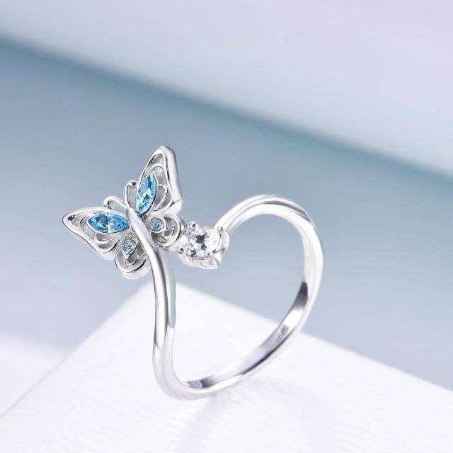 Sterling Silver Circular Shaped & Marquise Shaped Crystal Butterfly Open Ring-3