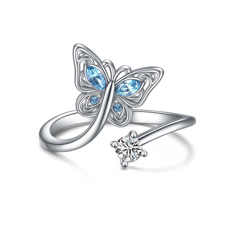 Sterling Silver Circular Shaped & Marquise Shaped Crystal Butterfly Open Ring-1