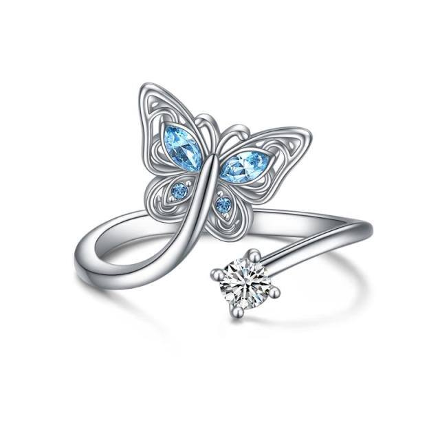 Sterling Silver Circular Shaped & Marquise Shaped Crystal Butterfly Open Ring-0