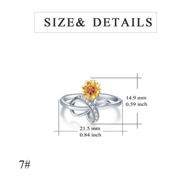 Sterling Silver Two-tone Circular Shaped Cubic Zirconia Bowknot Sunflower Ring-4