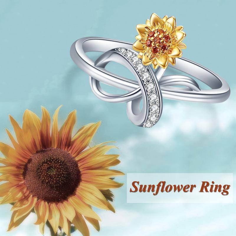 Sterling Silver Two-tone Circular Shaped Cubic Zirconia Bowknot Sunflower Ring-6