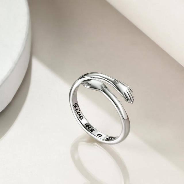 Sterling Silver Circular Shaped Cubic Zirconia Hug Open Ring with Engraved Word-3