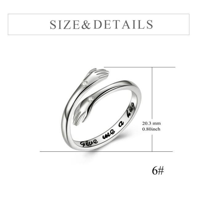 Anillo abierto de plata de ley con forma circular y zirconia cúbica con palabra grabada-4