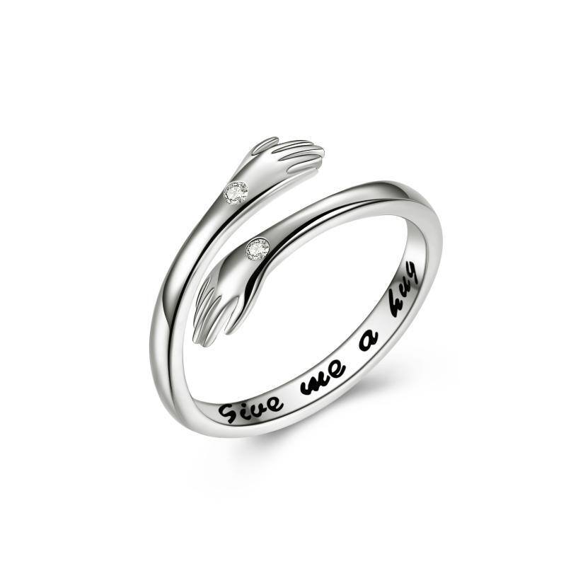 Sterling Silver Circular Shaped Cubic Zirconia Hug Open Ring with Engraved Word-1