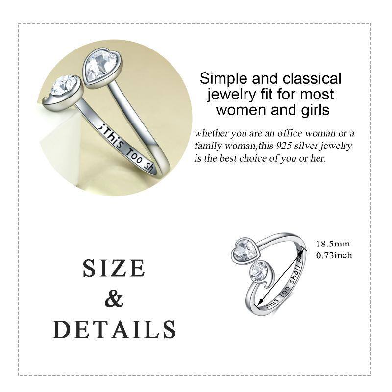 Sterling Silver Circular Shaped & Heart Shaped Cubic Zirconia Heart Open Ring with Engraved Word-5