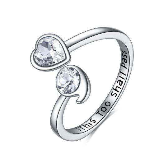 Bague ouverte en argent sterling en forme de cercle et de cœur en zircon cubique avec mot