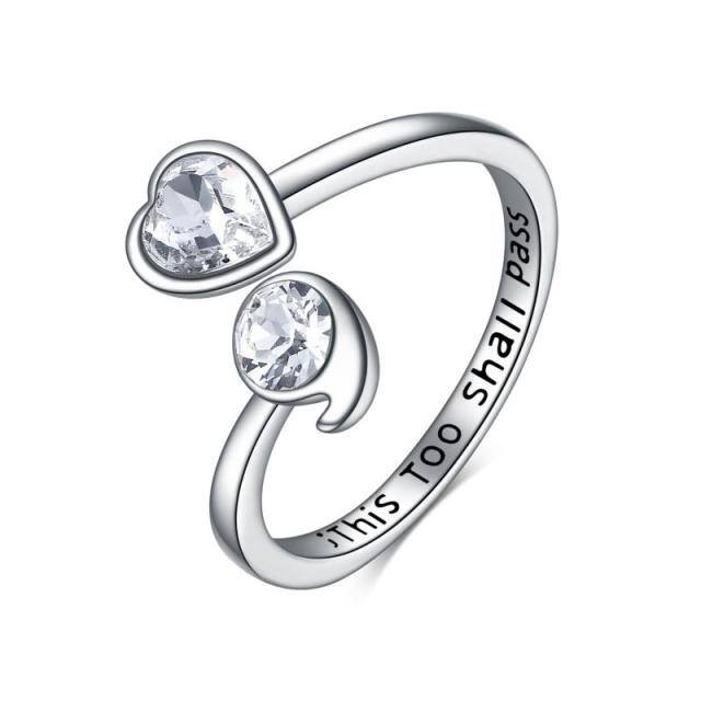Sterling Silver Circular Shaped & Heart Shaped Cubic Zirconia Heart Open Ring with Engraved Word-0