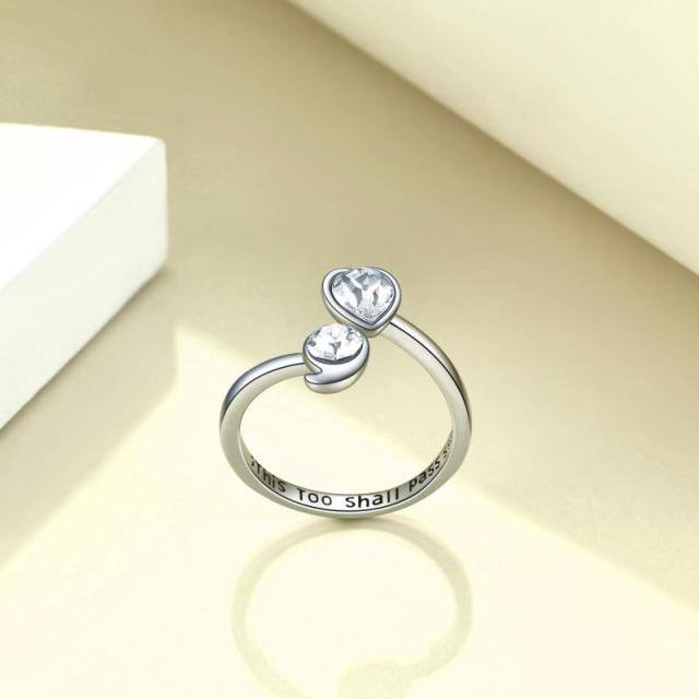 Sterling Silver Circular Shaped & Heart Shaped Cubic Zirconia Heart Open Ring with Engraved Word-3