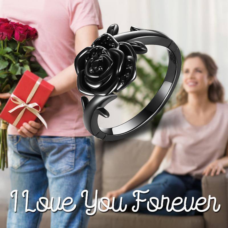 Sterling Silver with Black Rhodium Cubic Zirconia Rose Ring-6