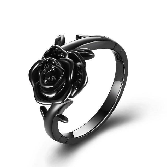 Sterling Silver with Black Rhodium Cubic Zirconia Rose Ring-0