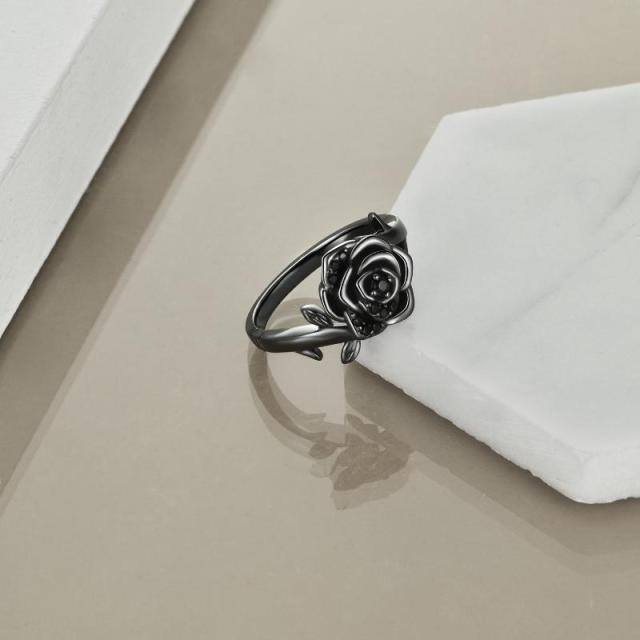 Sterling Silver with Black Rhodium Cubic Zirconia Rose Ring-3