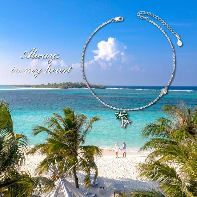 Sterling Silver Circular Shaped Crystal Coconut Tree Single Layer Anklet-6