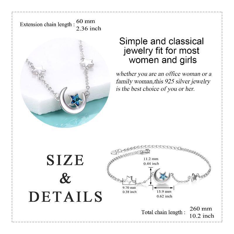 Sterling Silver Crystal Moon & Star Single Layer Anklet-5