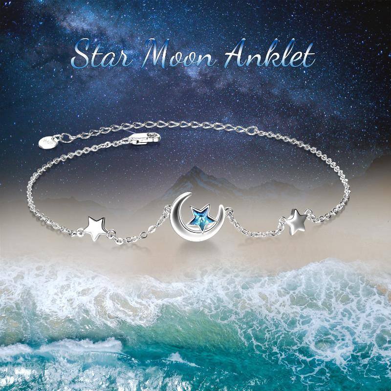 Sterling Silver Crystal Moon & Star Single Layer Anklet-6