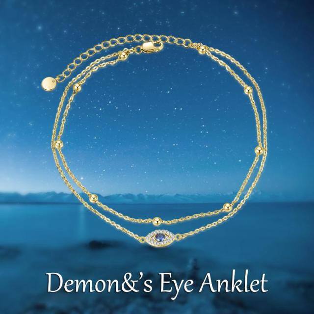 Sterling Silver with Yellow Gold Plated Circular Shaped Cubic Zirconia Evil Eye Multi-layered Anklet-6