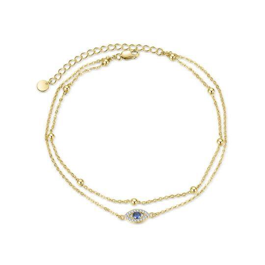 Sterling Silver with Yellow Gold Plated Circular Shaped Cubic Zirconia Evil Eye Multi-layered Anklet
