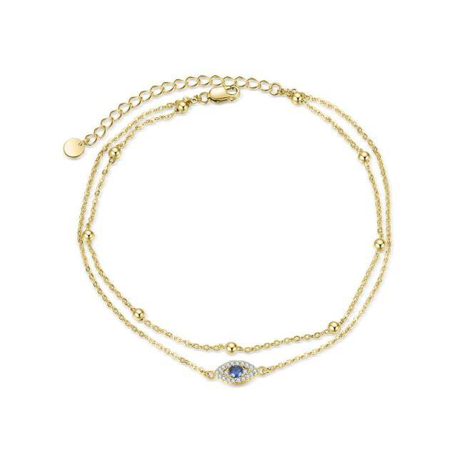 Sterling Silver with Yellow Gold Plated Circular Shaped Cubic Zirconia Evil Eye Multi-layered Anklet-1