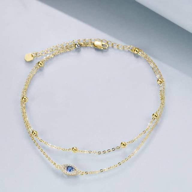 Sterling Silver with Yellow Gold Plated Circular Shaped Cubic Zirconia Evil Eye Multi-layered Anklet-3