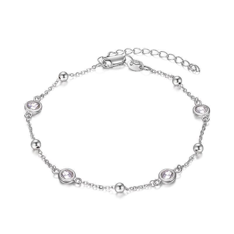 Sterling Silver Round Cubic Zirconia Single Layer Anklet-1