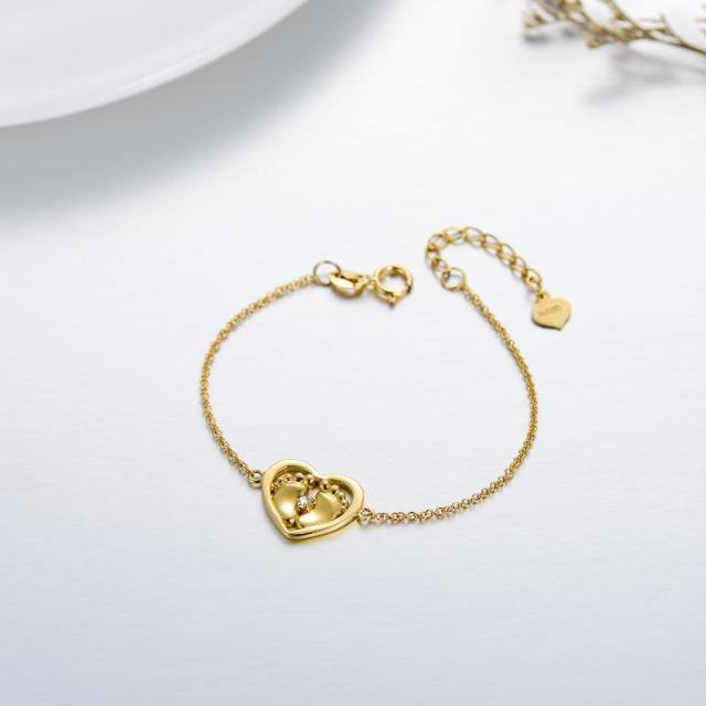 14K Gold Crystal Footprints & Heart Pendant Bracelet-3