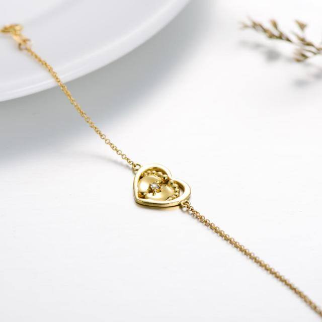 14K Gold Crystal Footprints & Heart Pendant Bracelet-2