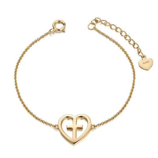 14K Gold Cross & Heart Pendant Bracelet