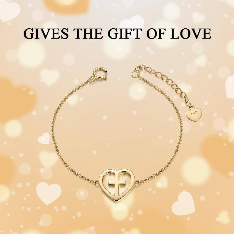 14K Gold Cross & Heart Pendant Bracelet-7